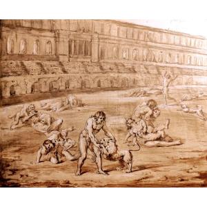 C27/113-drawing-saint Agapit-italian School-christians Delivered To The Lions-18th