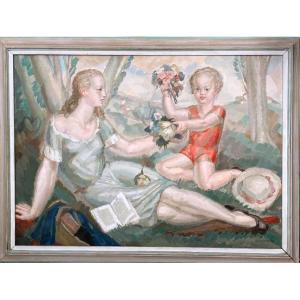Oil On Panel-signed-jean André Caverne-interrupted Reading-circa 1940