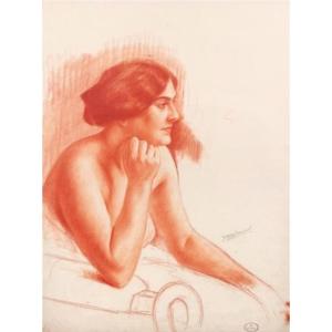 Bout-portrait-seated Model-redchill On Paper-signed-yvonne Tronquet