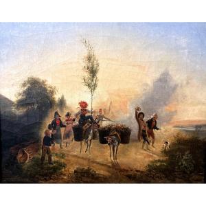 Bout-oil On Canvas-village Scene–country Procession At Dusk-may 1st Celebration-1840