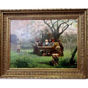 Bout-oil On Canvas-georges Saint-lanne-meeting Of Soldiers Under A Tree In Flower-circa 1890