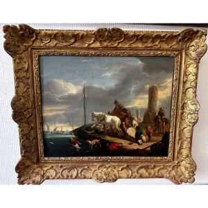 Bout-oil On Canvas-lively Harbor Scene With Horsemen And Sailors-19th Century
