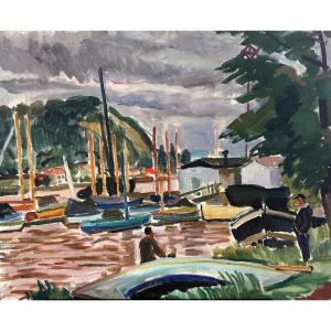 Oil On Canvas - Georges De Sonneville - Busy Port Under Stormy Skies - Bordeaux - Circa 1925