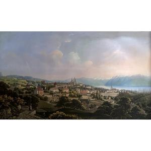 Old Aquatint – View Of Lausanne And The Vaudois Alps – J. Dubois After La Neuville - 1850