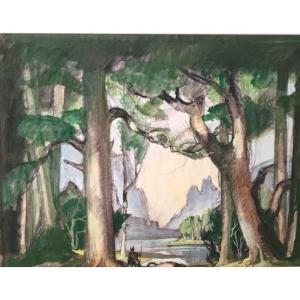 Original Gouache-gaston Marty-bordeaux Opera-[wagner]-mythological Landscape-german-1930