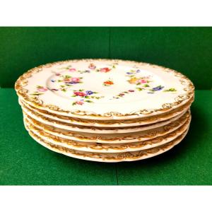 Jacob Petit-porcelain De Paris-6 Monogrammed Plates-floral Decor And Gilding