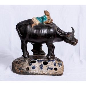 China Late 19th Century - Sandstone Sculpture Representing A Shepherd Riding A Water Buffalo