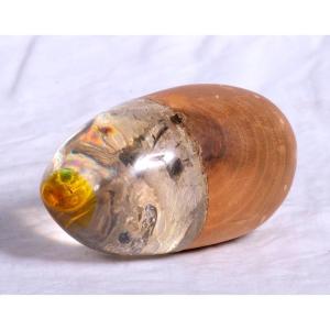 Signed Contemporary Sculpture - Wood, Transparent And Yellow Glass