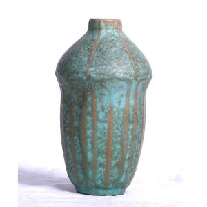 Signed Art Deco Acorn Shaped Vase In Green Enameled Sandstone With Ocher Streaks