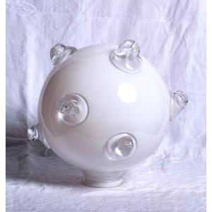 Venetian School Of Murano - Large White Glass Globe With Relief Decor Of Waves
