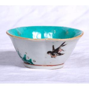 Chinese Trilobed Cup With Bird Decor In Polychrome Porcelain
