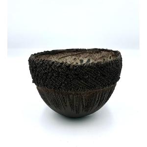 Corinne Dorlencourt - Small Raw Stoneware Bowl With White Glazed Decor - 20th Century