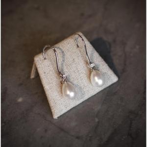 18k White Gold, Diamond And Oblong Pearl Drop Earrings