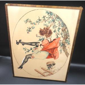 Fall From The Cherry Tree – Erotic Watercolor Dated 1921 In The Style Of La Vie Parisienne