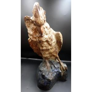 Large Glazed Ceramic Figure Representing A Cockatoo Perched On A Rock - Animal Sculpture