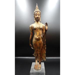 Thailand - Gilt-bronze Walking Buddha, In Sukhothai Style