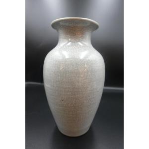 China, 19th Century - Baluster Stoneware Vase With Grey-green Crackled Glaze