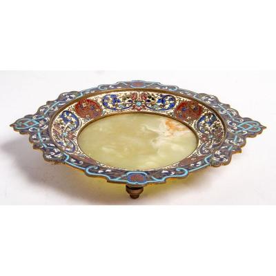 Napoleon III Cup In The Barbedienne Style In Green Onyx ; Bronze And Cloisonné Enamels