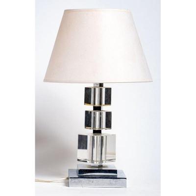 Jacques Adnet (in The Style Of) - Modernist Lamp In Glass And Metal, C. 1960