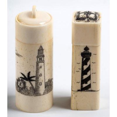 Two Engraved Ivory Cases With Marine Motifs - Lighthouse Beach And Sailboat