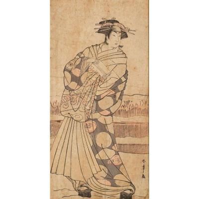 Katsukawa Shunsho Japan Edo Era - Ukiyo-e Hosoban Tate-e : Kabuki Actor As A Geisha In The Snow