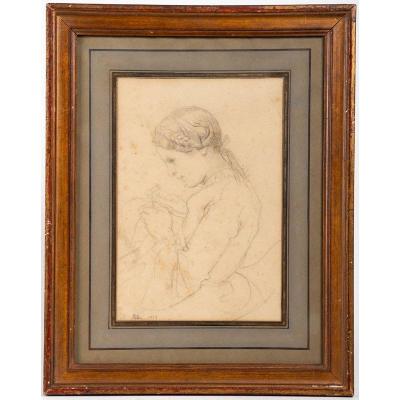 Felon 1844 - Drawing : Seamstress / Delicate Portrait Of A Woman Sewing 