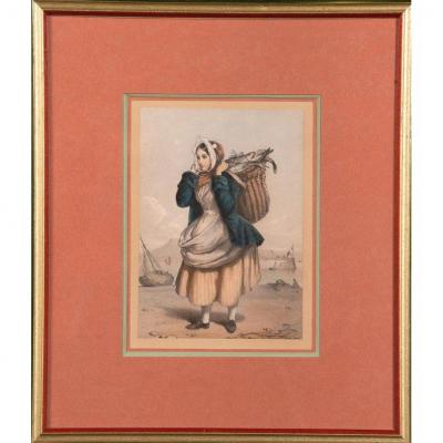 Pair Of Engravings - Breton Fisherwomen With Fishes