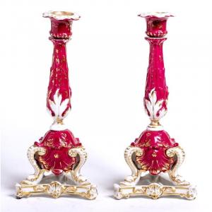 France 19th Century - Pair Of Pink And White Porcelain Candlesticks