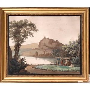 France 18th Century - Gouache: Peasant Women And Shepherd In An Italianizing Lakeside Landscape