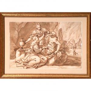 Il Guercino (after) - Lot And His Daughters - Italian School Of The 17th Century Ink And Lavis