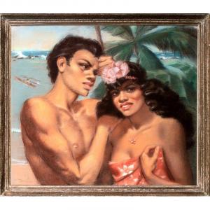Yves Villeneuve, 1940 - Pastel Representing A Couple By The Sea In Tahiti