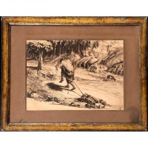 19th Century French School - Don Quixote Carried By Sancho Panza - Ink Landscape