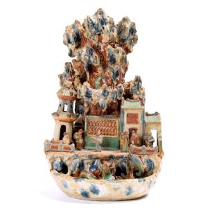 China 18th-19th Century - Orchid Basin Vase In Glazed Stoneware ; Decor Of Pagodas And Dragon