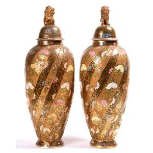 19th Century Hungarian Covered Vases With Polychrome And Gold Decor