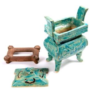 China Ming Dynasty - Turquoise Glazed Ceramic Ding Shaped Incense Burner