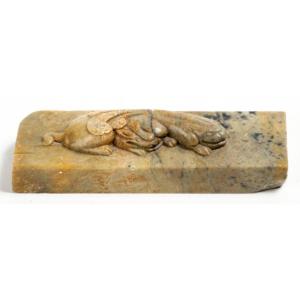 China, 17th Century- Reclining Chilong In Carved Soapstone. 