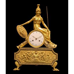 Chiseled And Gilded Bronze Clock With The Theme Of Peace In The Form Of Athena