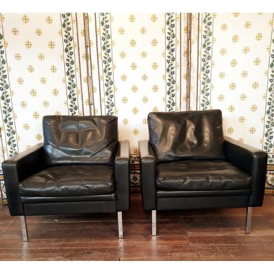 Pair Of Scandinavian Armchairs 1960 Black Leather