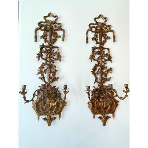 Pair Of Wall Lights In Golden Wood And Iron