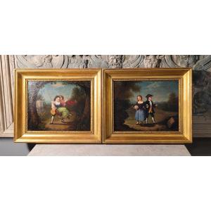Pair Of Oil On Canvas Paintings Gallant Scenes Signed Late 18th Early 19th Century.