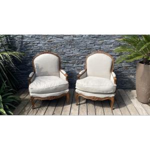 Pair Of Flat-backed Bergeres From The 19th Century, Upholstery And Tapestry Have Been Redone