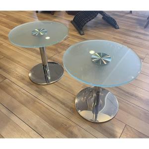 Pair Of Frosted Glass And Chrome Side Tables, 1950s