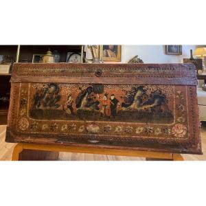 Wooden Chest (camphor) Covered With Leather Painted Scene Japan