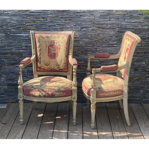 Pair Of Directoire Style Painted Wooden Armchairs From The 19th Century