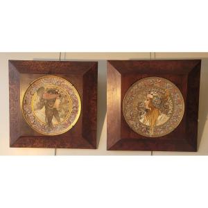 Pair Of Ceramic Dishes After Mucha, Signed Gosselin-journaud, Circa 1900
