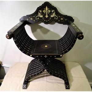 Italian Curule Armchair In Ebony And Bone Inlay In The Oriental Taste XIX