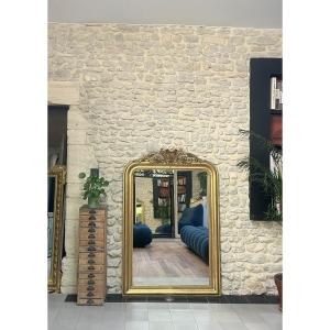 Antique Louis Philippe Mirror With Pediment, Beaded, Late 19th Century, Presence Of Ear Leaf.