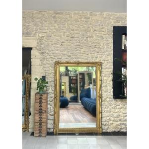 165cm Empire Period Fireplace Mirror, Gilded With Gold Leaf, Pitted Glass, Parquet On The Back.