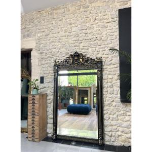 179cm Mirror With Chimera And Pearl Pediments, Napoleon III Period, Beveled Glass, Fireplace Trumeau 