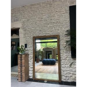 Antique Fireplace Mirror Gilded With Gold Leaf, Geometric Decorations, Fireplace Trumeau.  